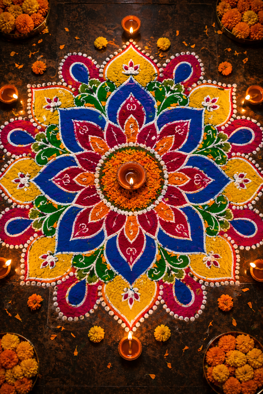 Diwali wallpaper colorful rangoli mandala pattern central diya lamp marigold petals top-down view
